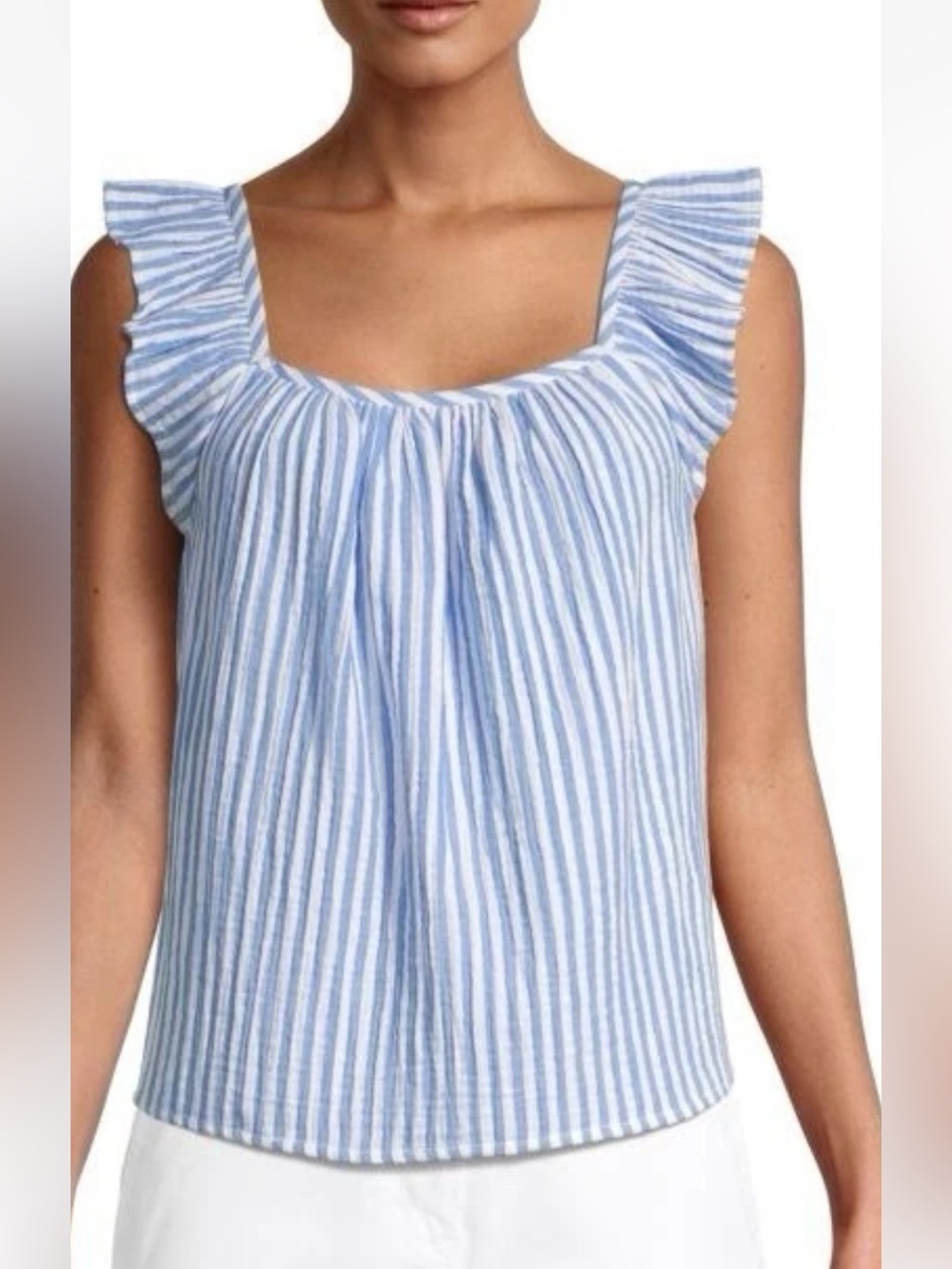 Vineyard Vines Striped Gauzy Ruffle Top /Blue Blouse Medium 100% Cotton